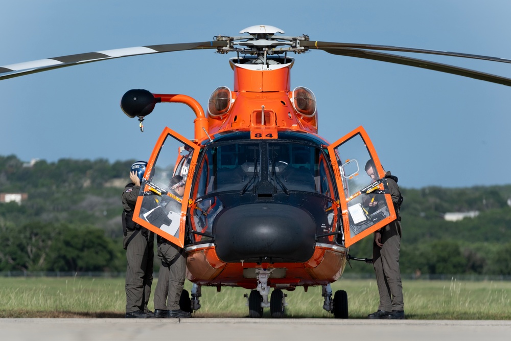 U.S. Coast Guard helicopter crew supporting flood response