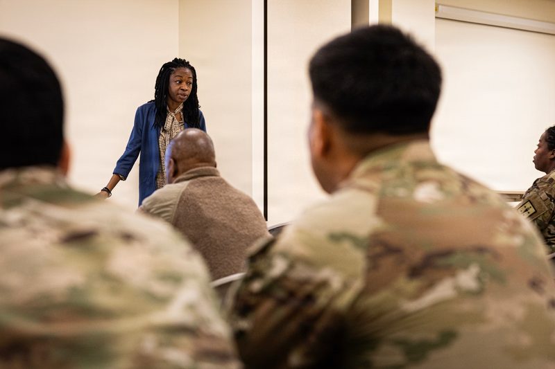 A Career Skills Program coordinator briefs transitioning service members, spouses and veterans at the Soldier Support Center, Fort Lee, Virginia.